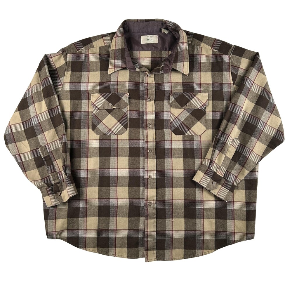 Vintage Sears Shirt Mens Big 4XL Plaid Lined Flannel Long Sleeve Casual 90s